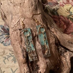 Handmade Turquoise /Gold / Brown Leather Chain Pierced Earrings
